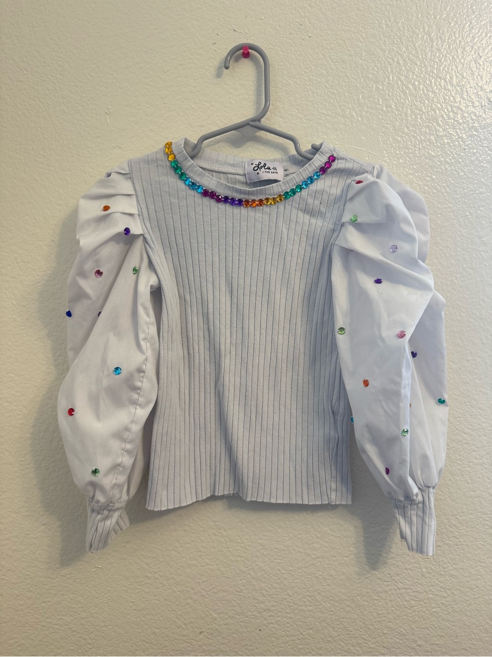 Lola + The Boys White Ribbed Top with Rainbow Gem Neckline